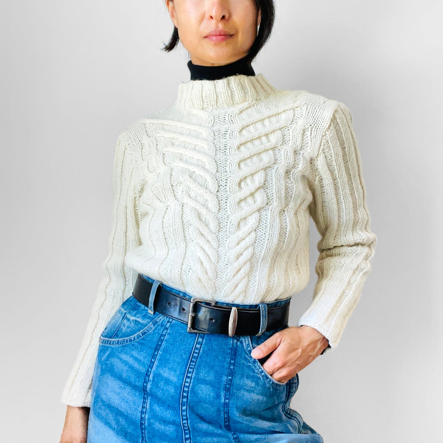 Cream Wool Cable-Knit Mock Neck Fitted Ribbed Knit Pullover Sweater