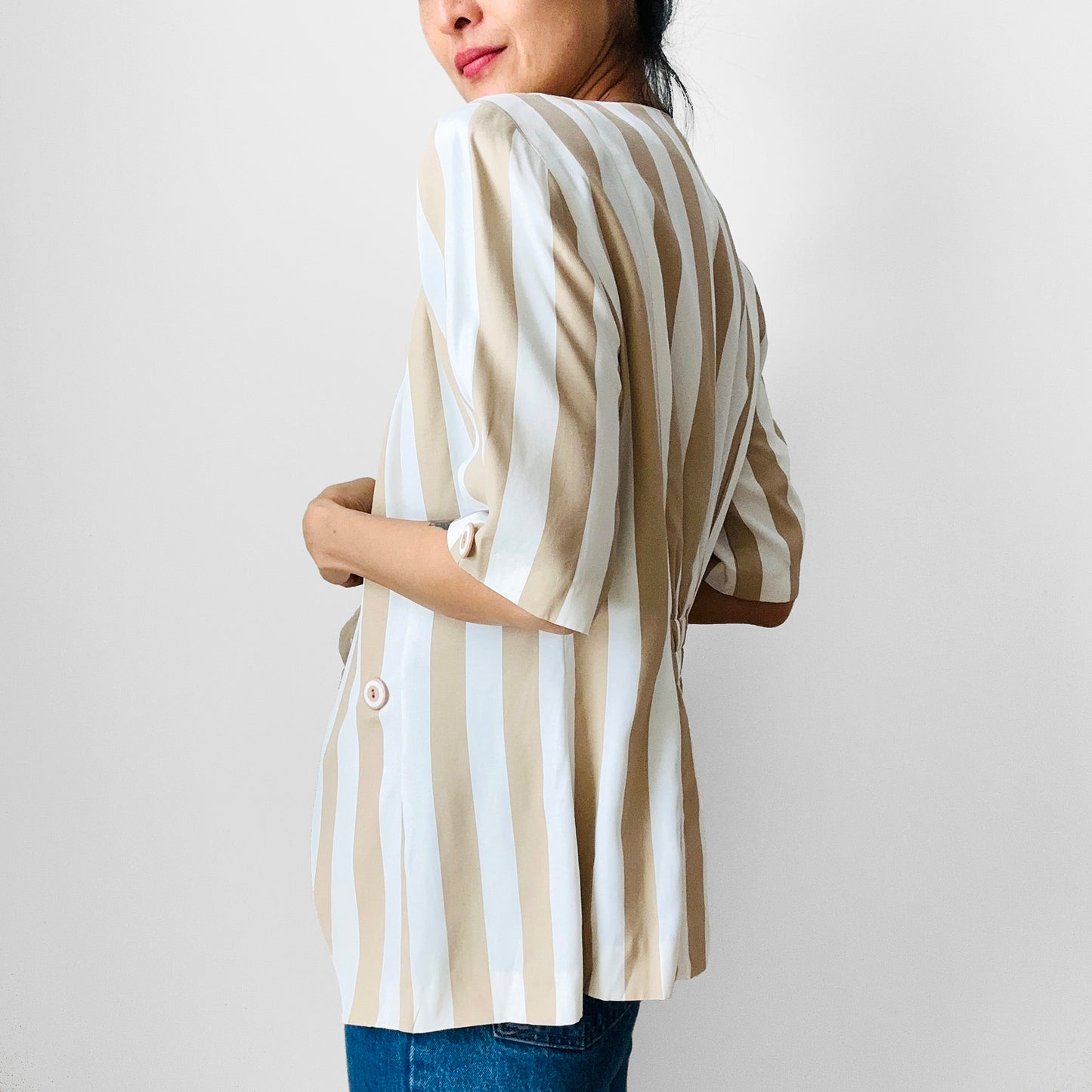 1980s Made in Canada Tan and White Stripe Short-Sleeve Tapered Waist Spring Blazer - S/M