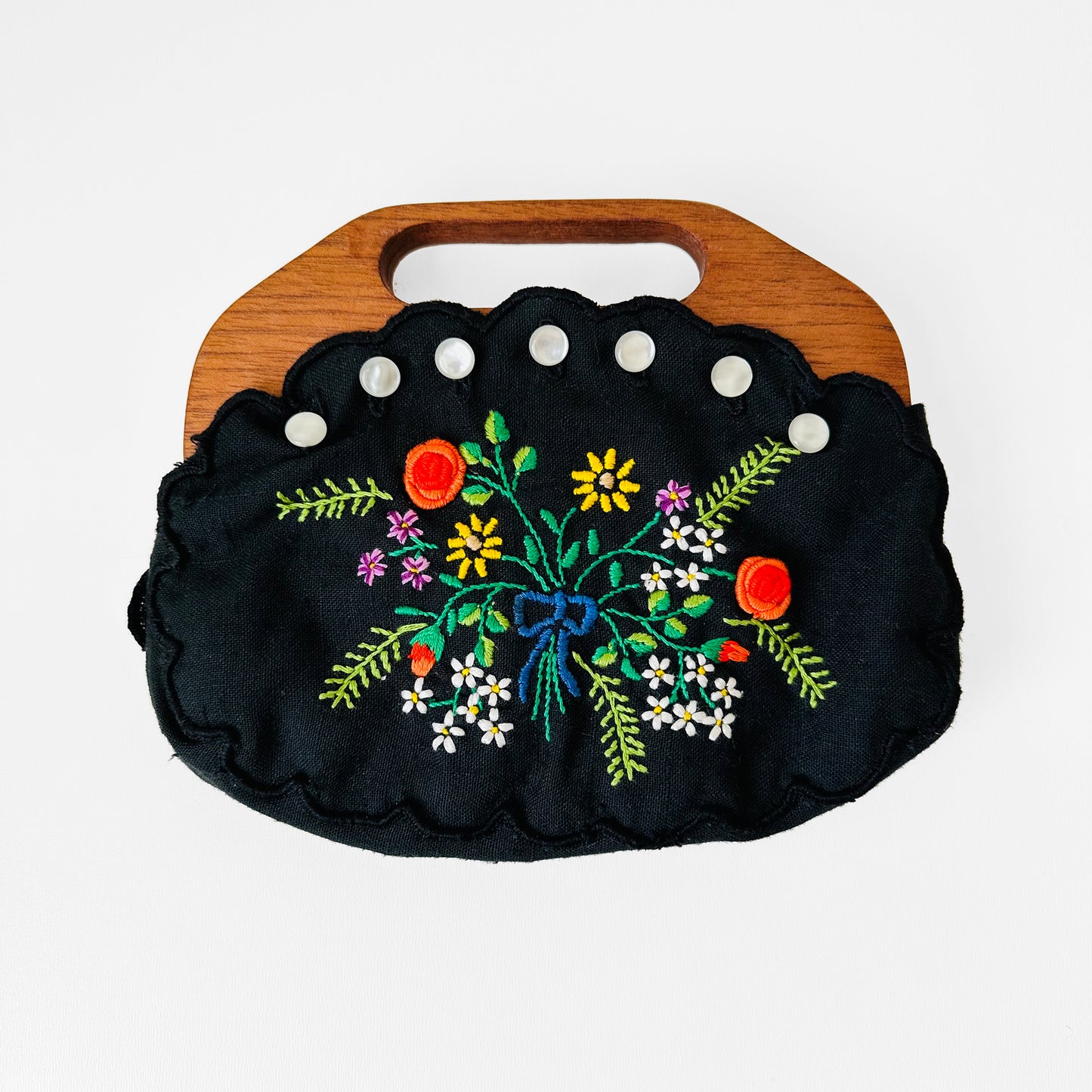 1960s-1970s Floral Embroidered Linen Wood Handle Purse