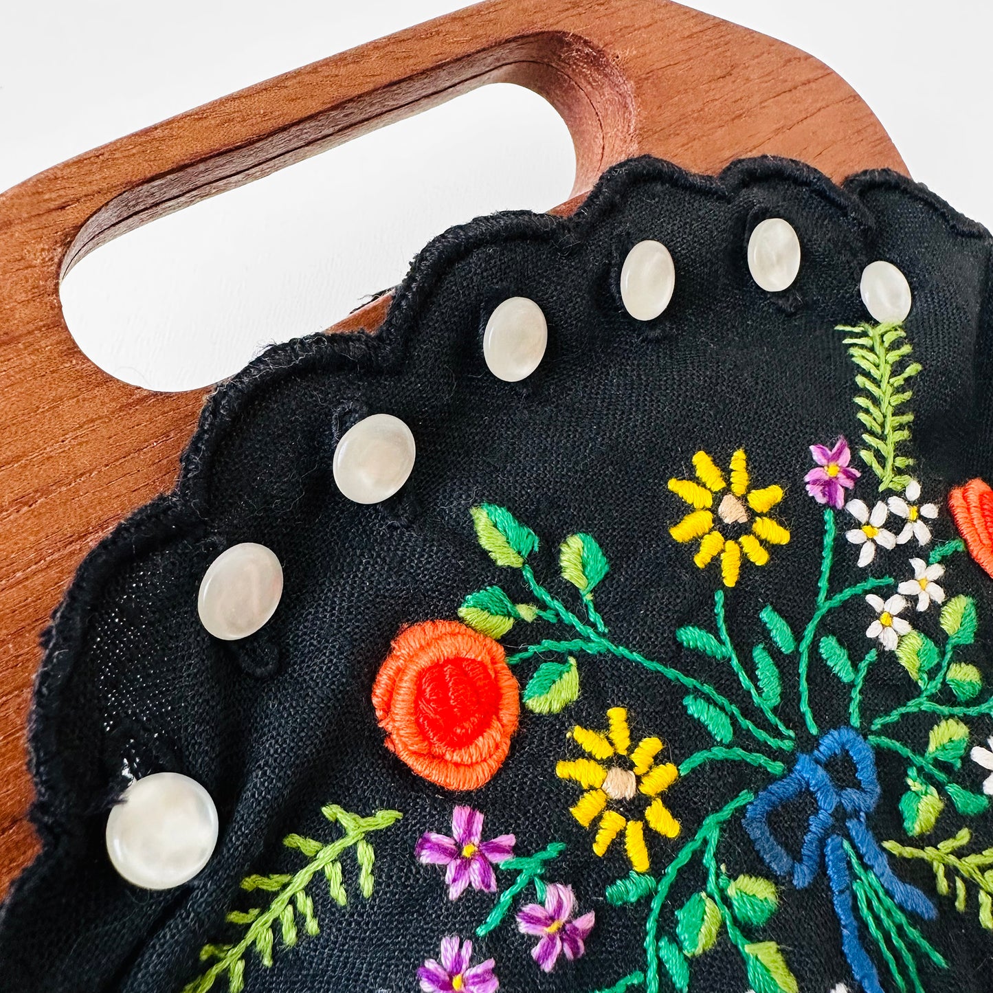 1960s-1970s Floral Embroidered Linen Wood Handle Purse