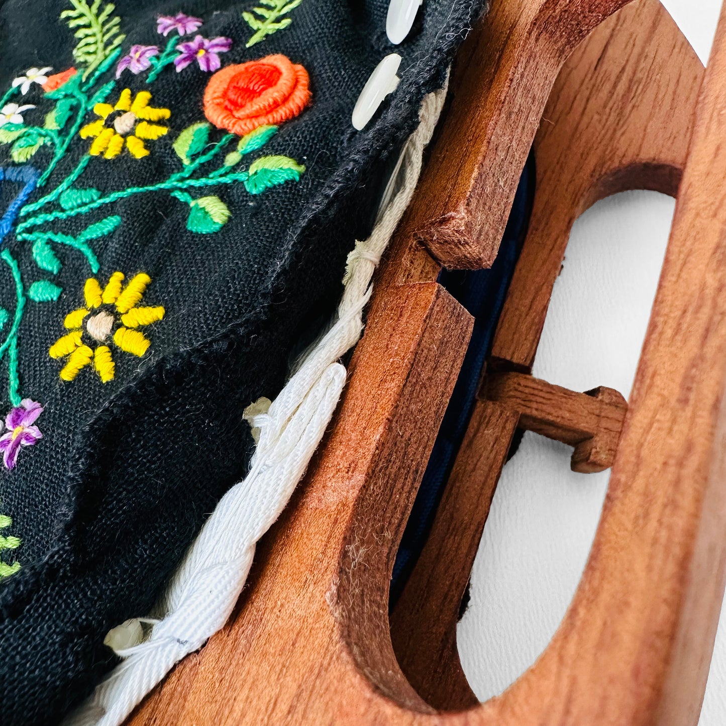 1960s-1970s Floral Embroidered Linen Wood Handle Purse