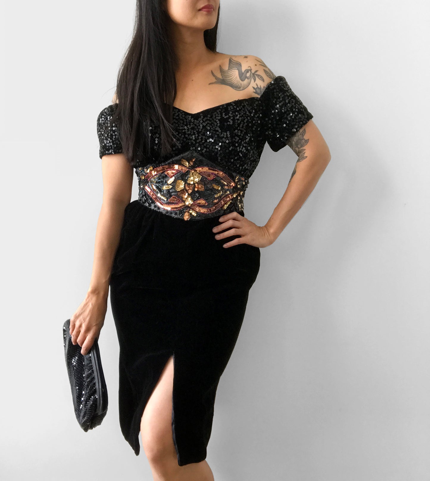 1980s Sequins Black Velvet Beaded Dress