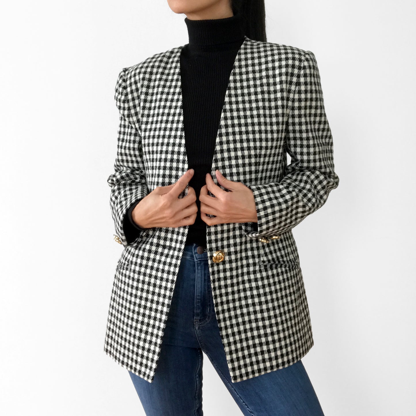 1990s Black and White Gingham Gold Button Collarless Wool Jacket Blazer