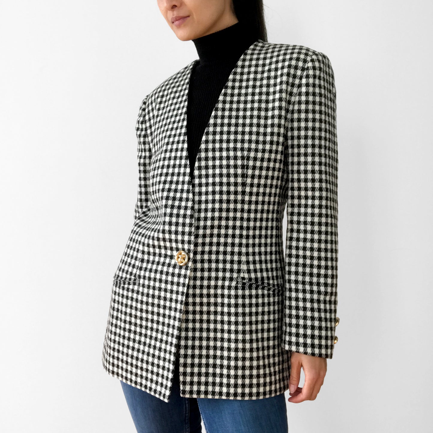 1990s Black and White Gingham Gold Button Collarless Wool Jacket Blazer