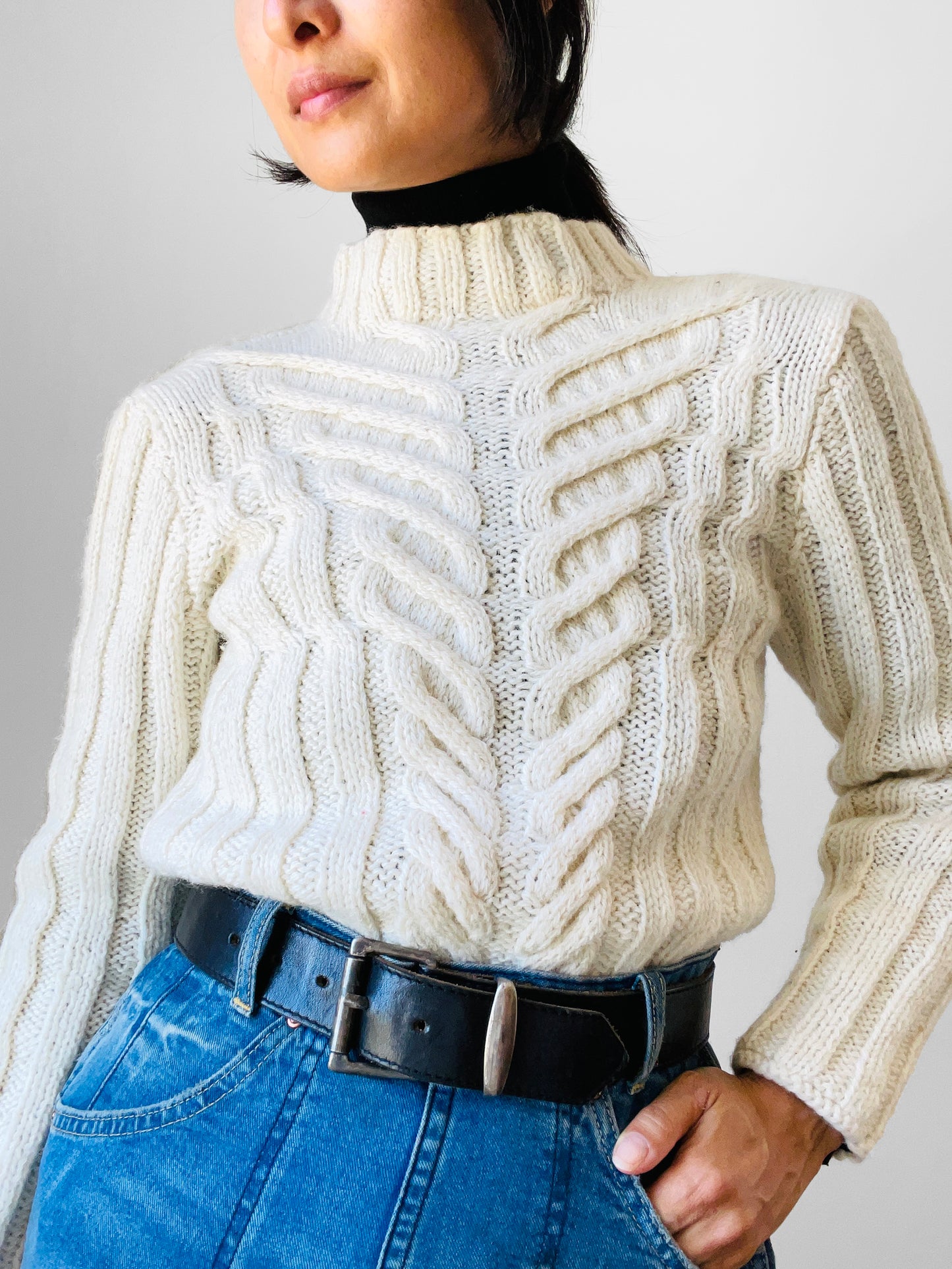 Cream Wool Cable-Knit Mock Neck Fitted Ribbed Knit Pullover Sweater