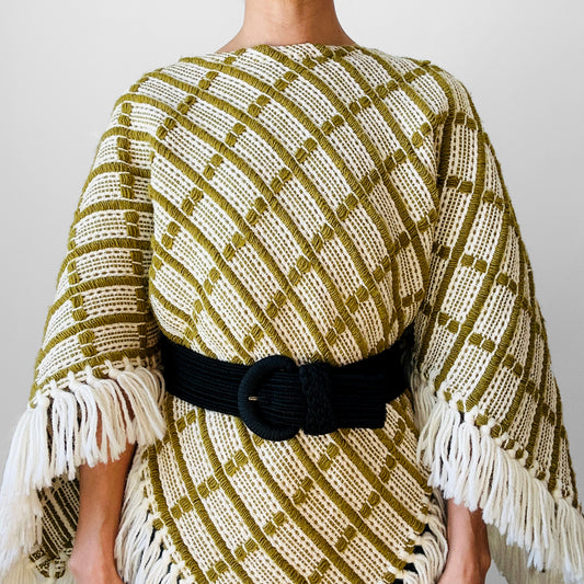 1970s Chartreuse Green and Cream Loomed Wool Woven Poncho