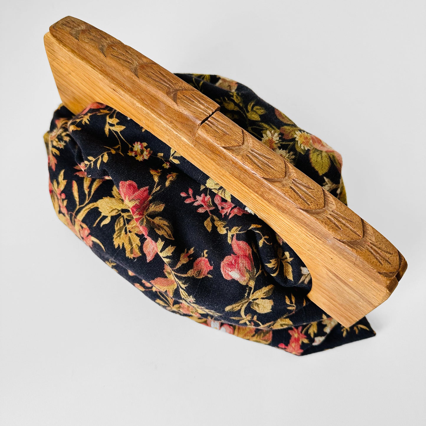 1940s Carved Wood-Handled Floral Tapestry Knitting Bag