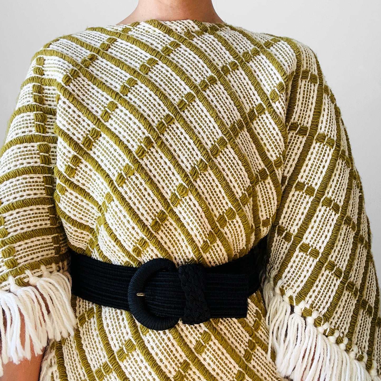 1970s Chartreuse Green and Cream Loomed Wool Woven Poncho