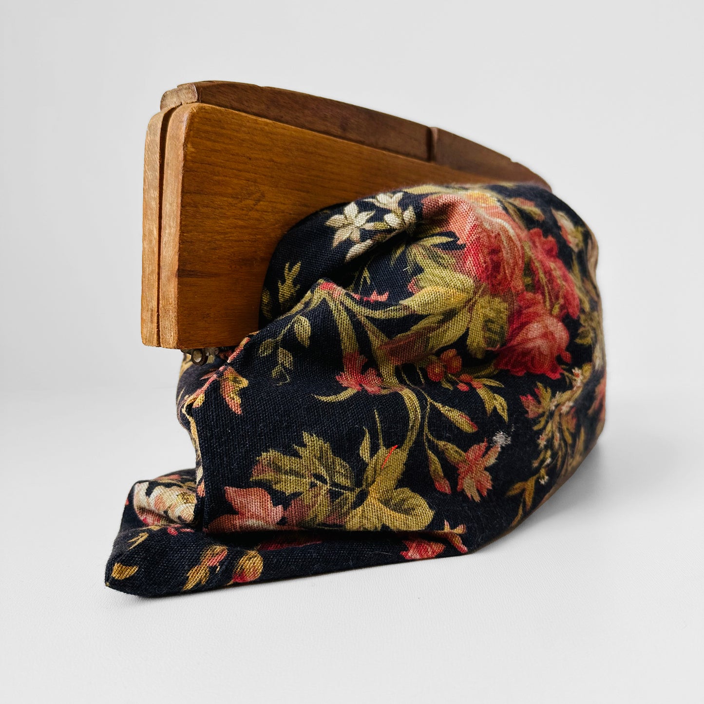 1940s Carved Wood-Handled Floral Tapestry Knitting Bag