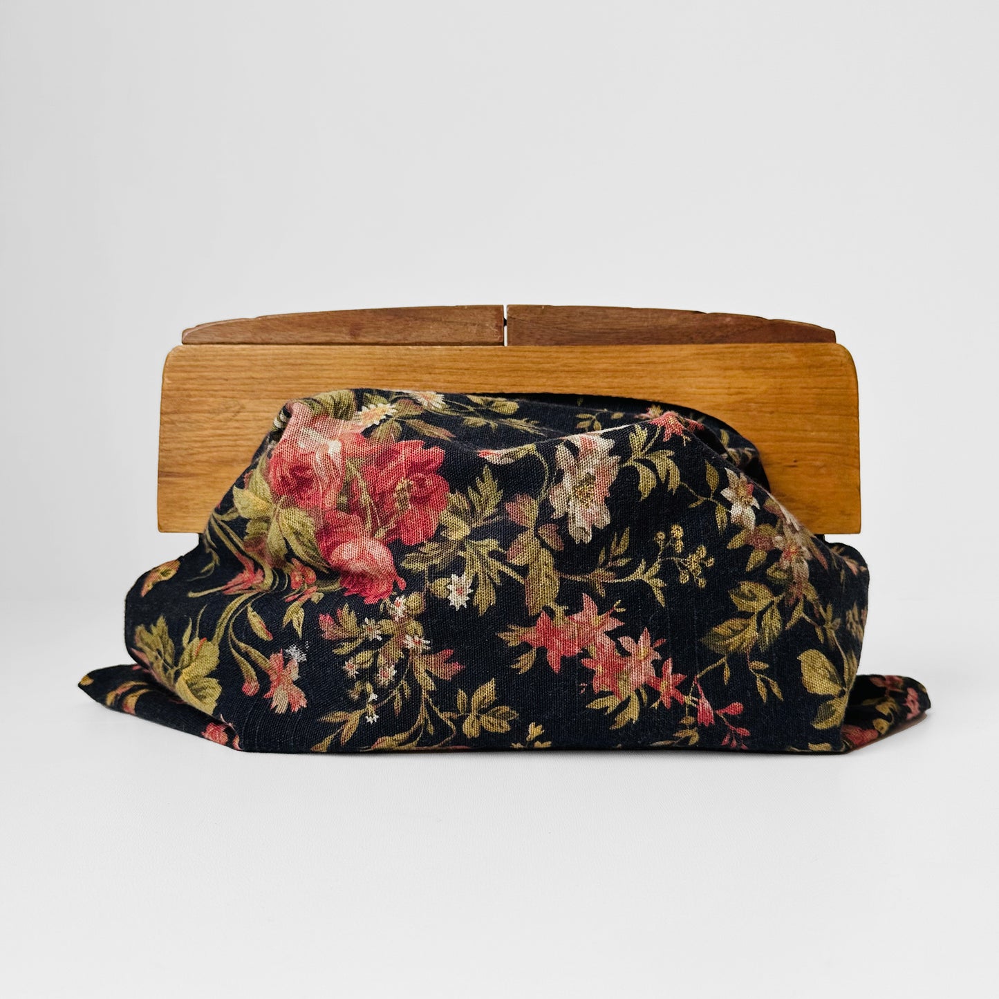 1940s Carved Wood-Handled Floral Tapestry Knitting Bag