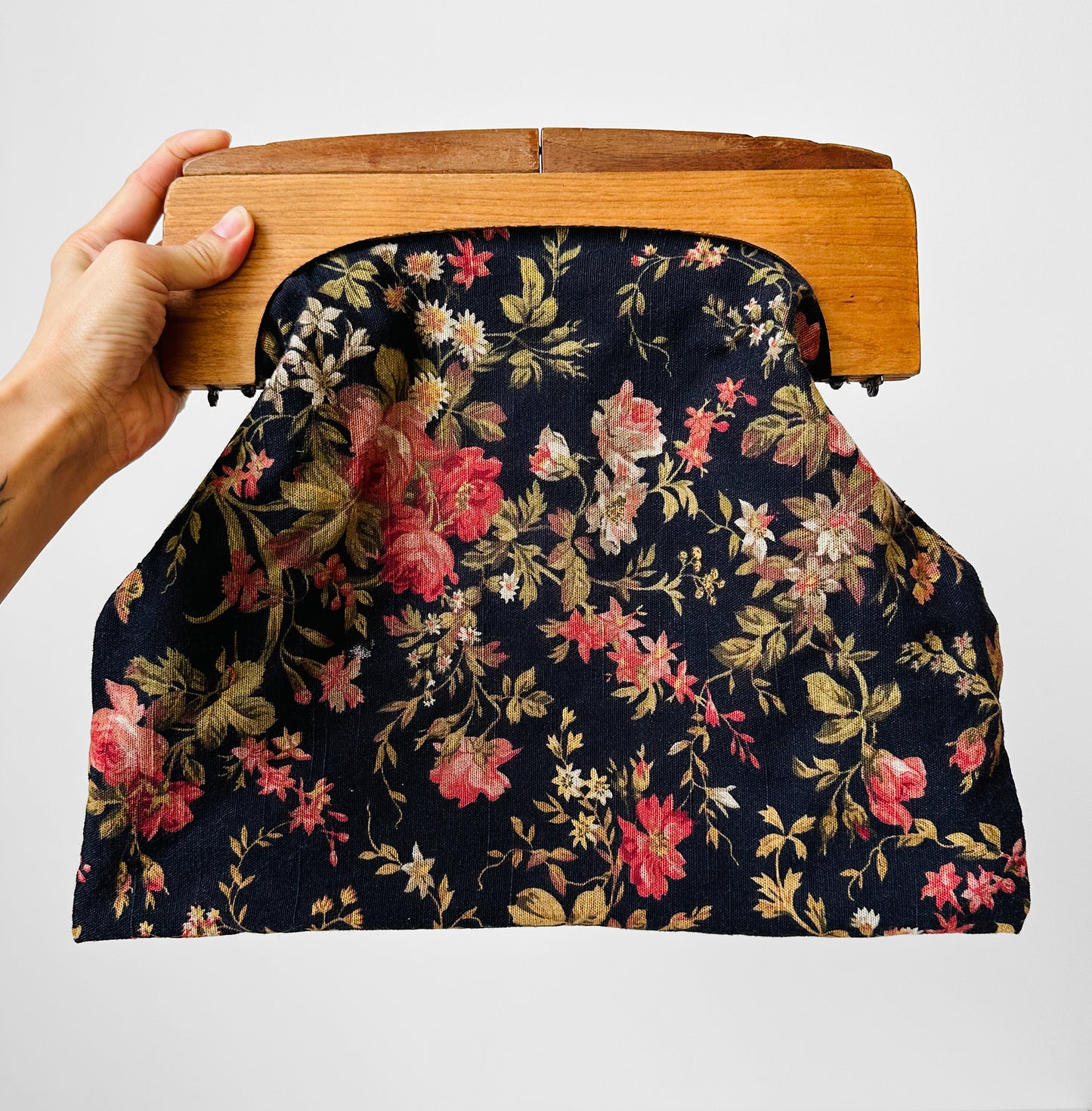 1940s Carved Wood-Handled Floral Tapestry Knitting Bag