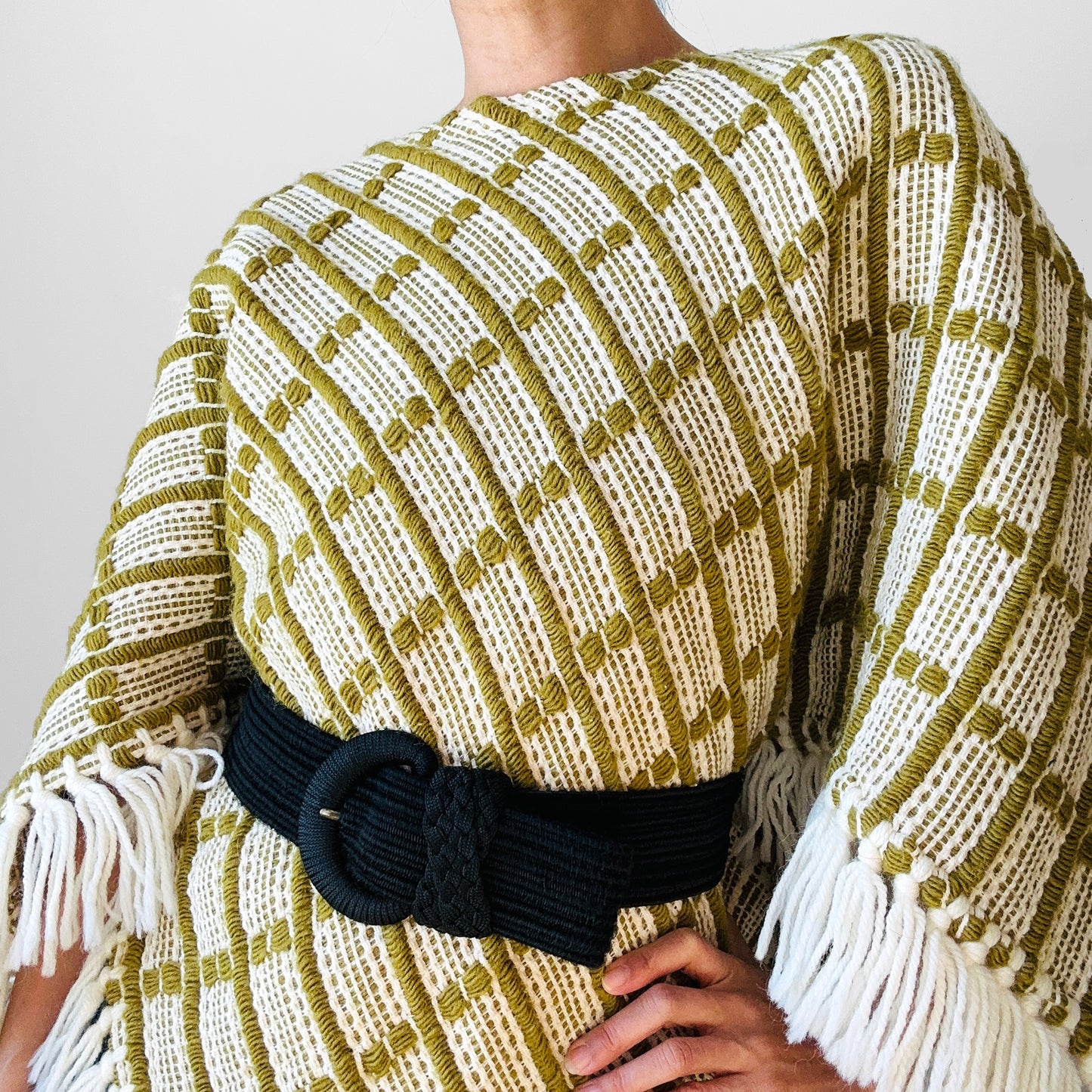 1970s Chartreuse Green and Cream Loomed Wool Woven Poncho