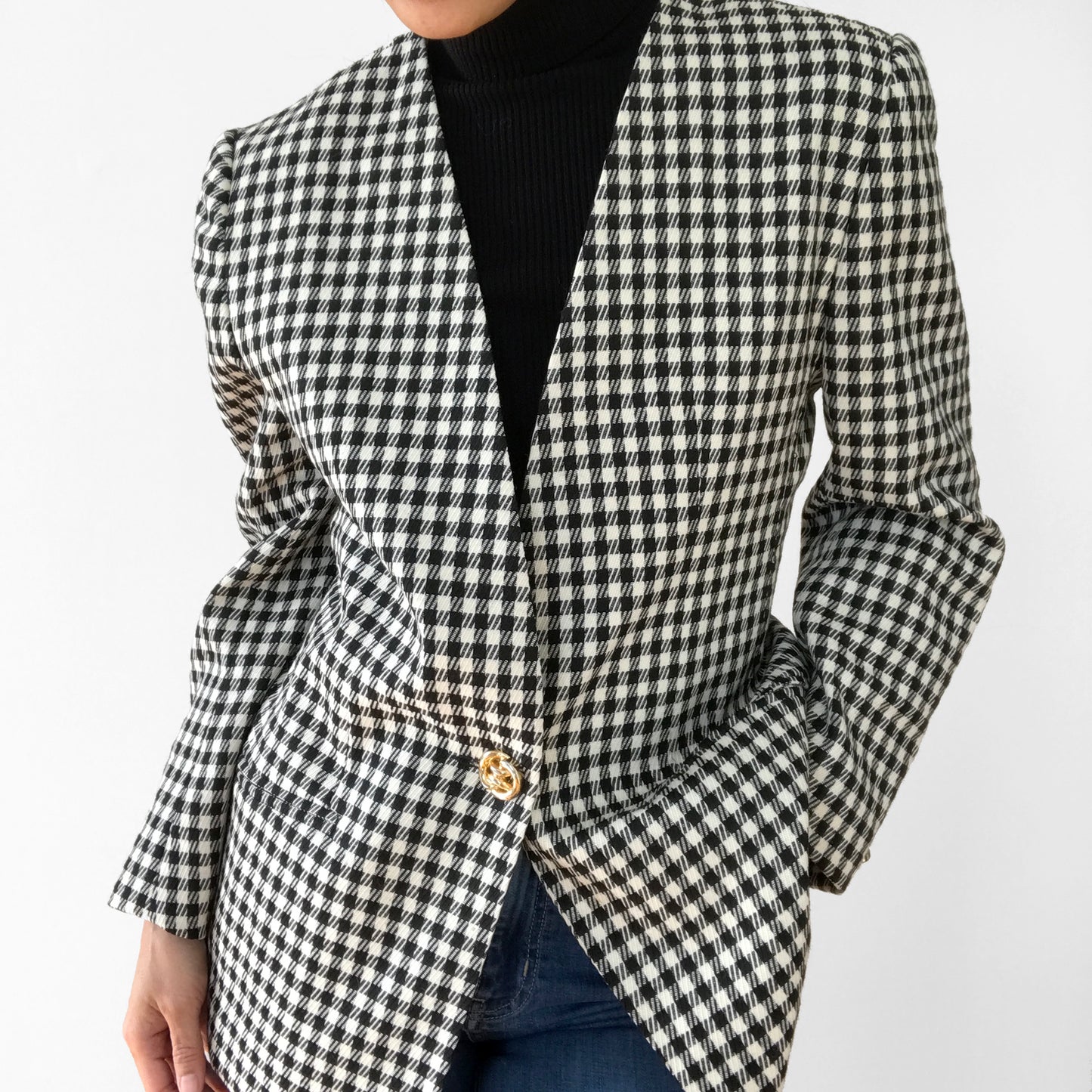 1990s Black and White Gingham Gold Button Collarless Wool Jacket Blazer