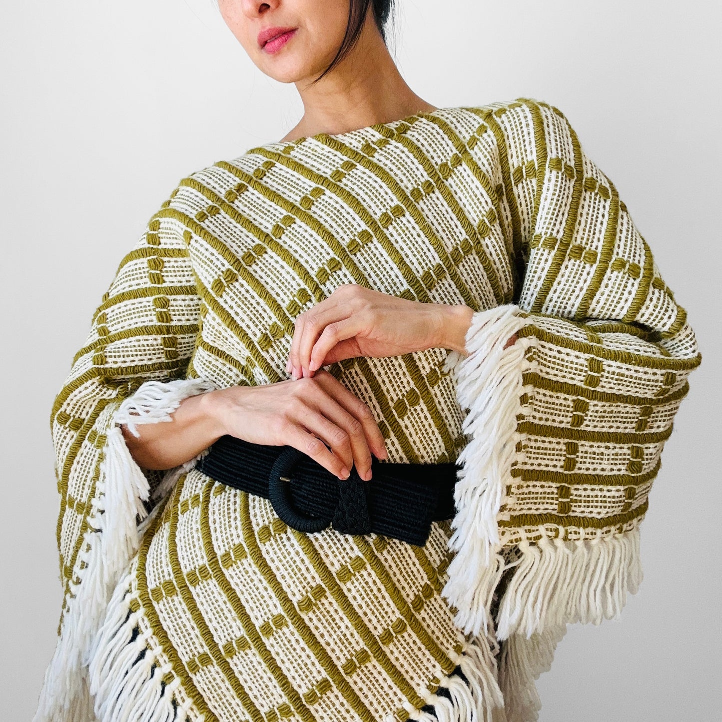 1970s Chartreuse Green and Cream Loomed Wool Woven Poncho