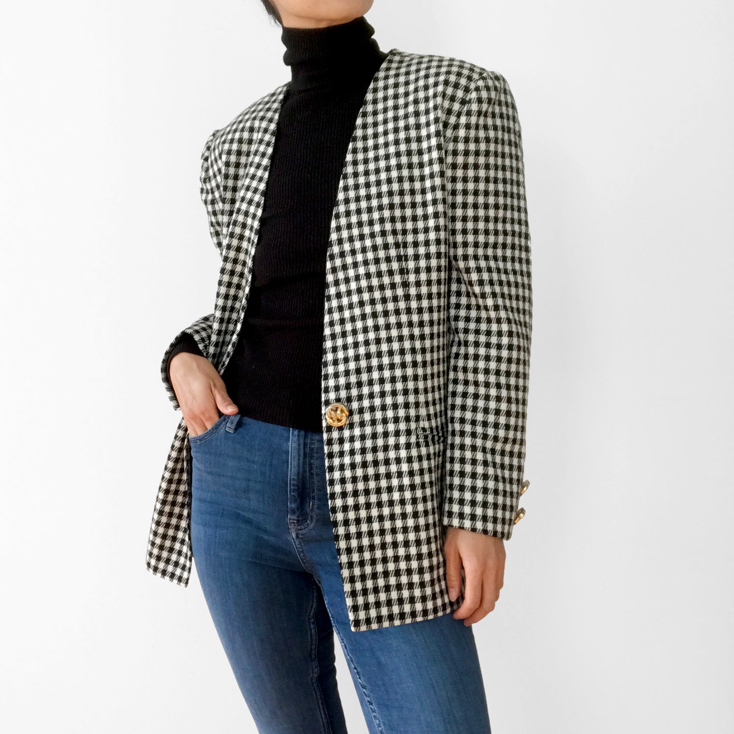 1990s Black and White Gingham Gold Button Collarless Wool Jacket Blazer