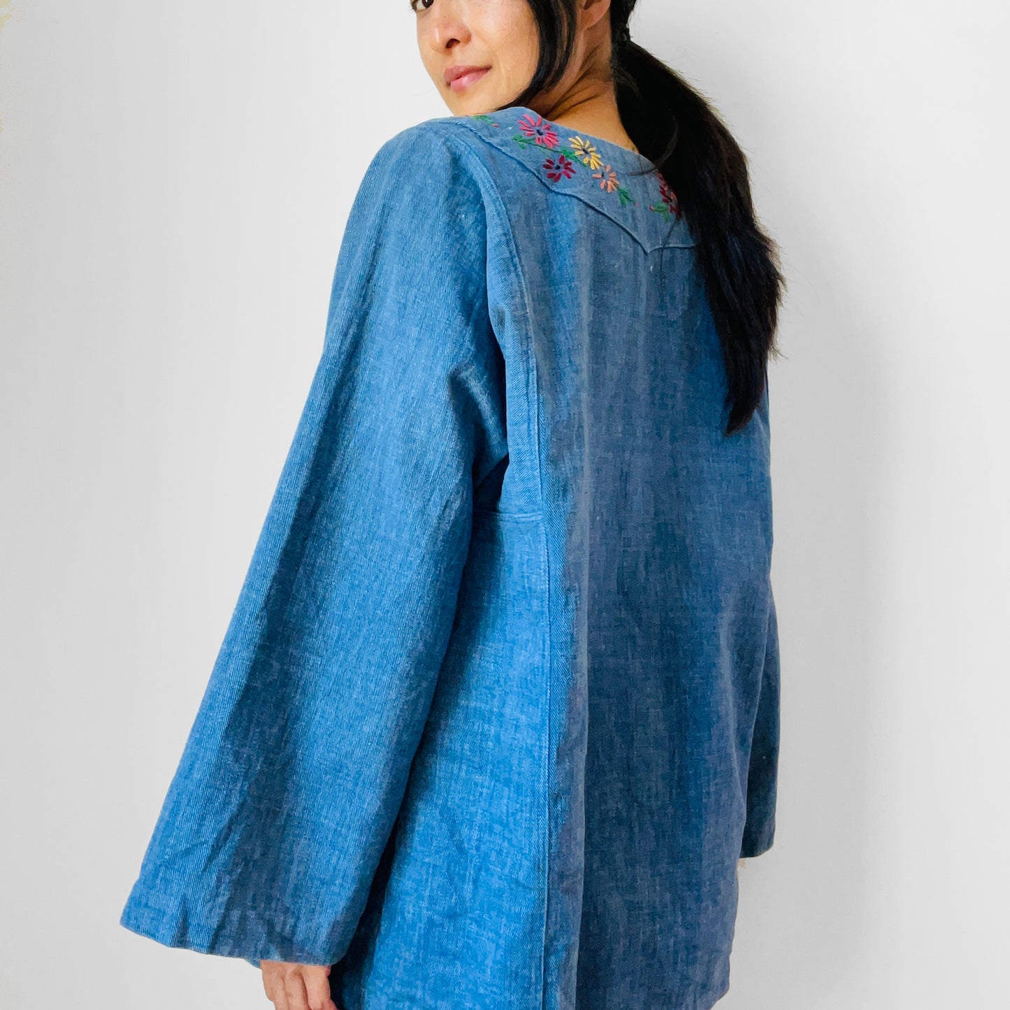 1970s Floral Embroidered Denim Jean Pullover Tunic