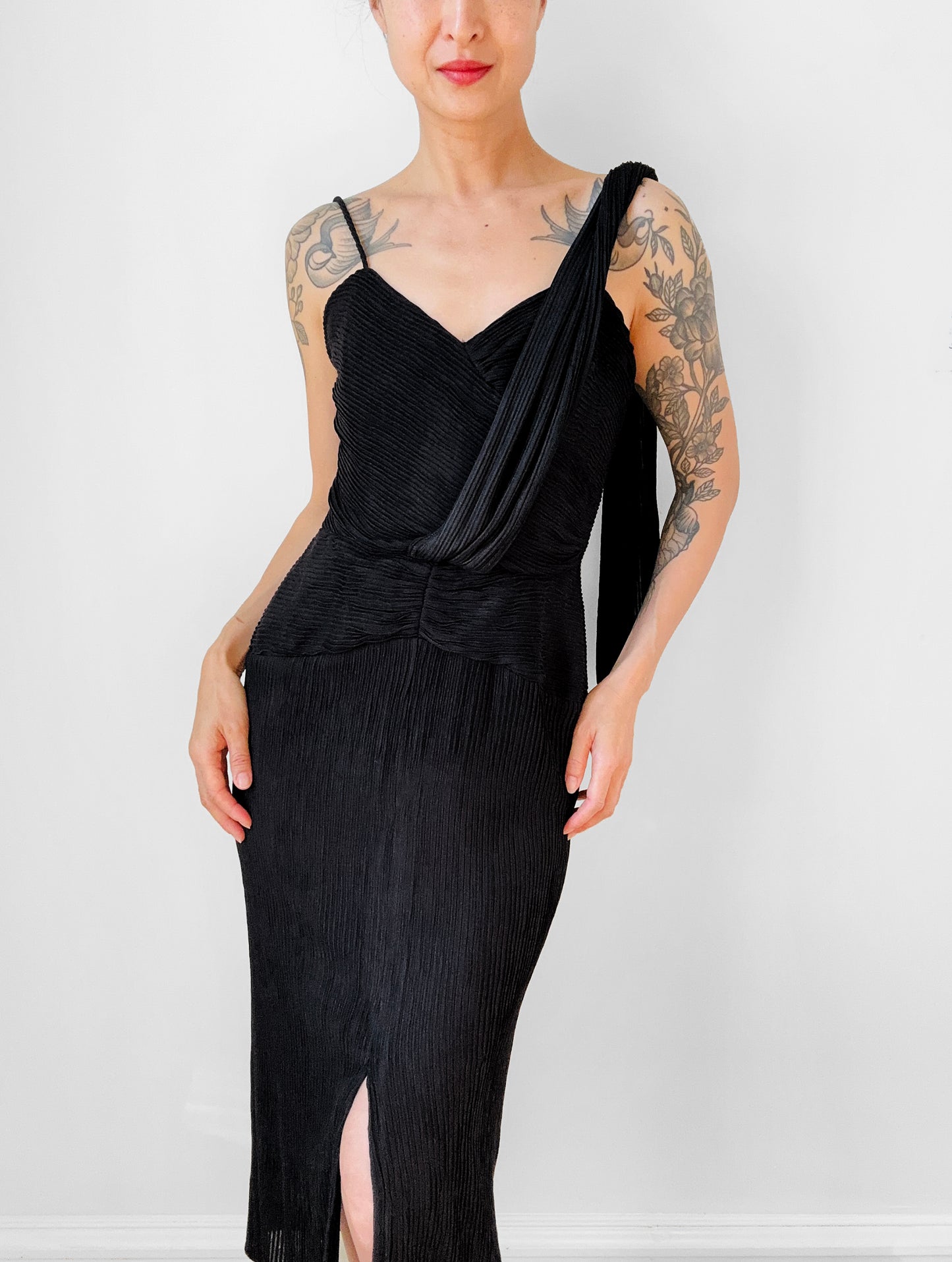 Black Ruched Drape Form Fitting Cocktail Dress - Sz. S