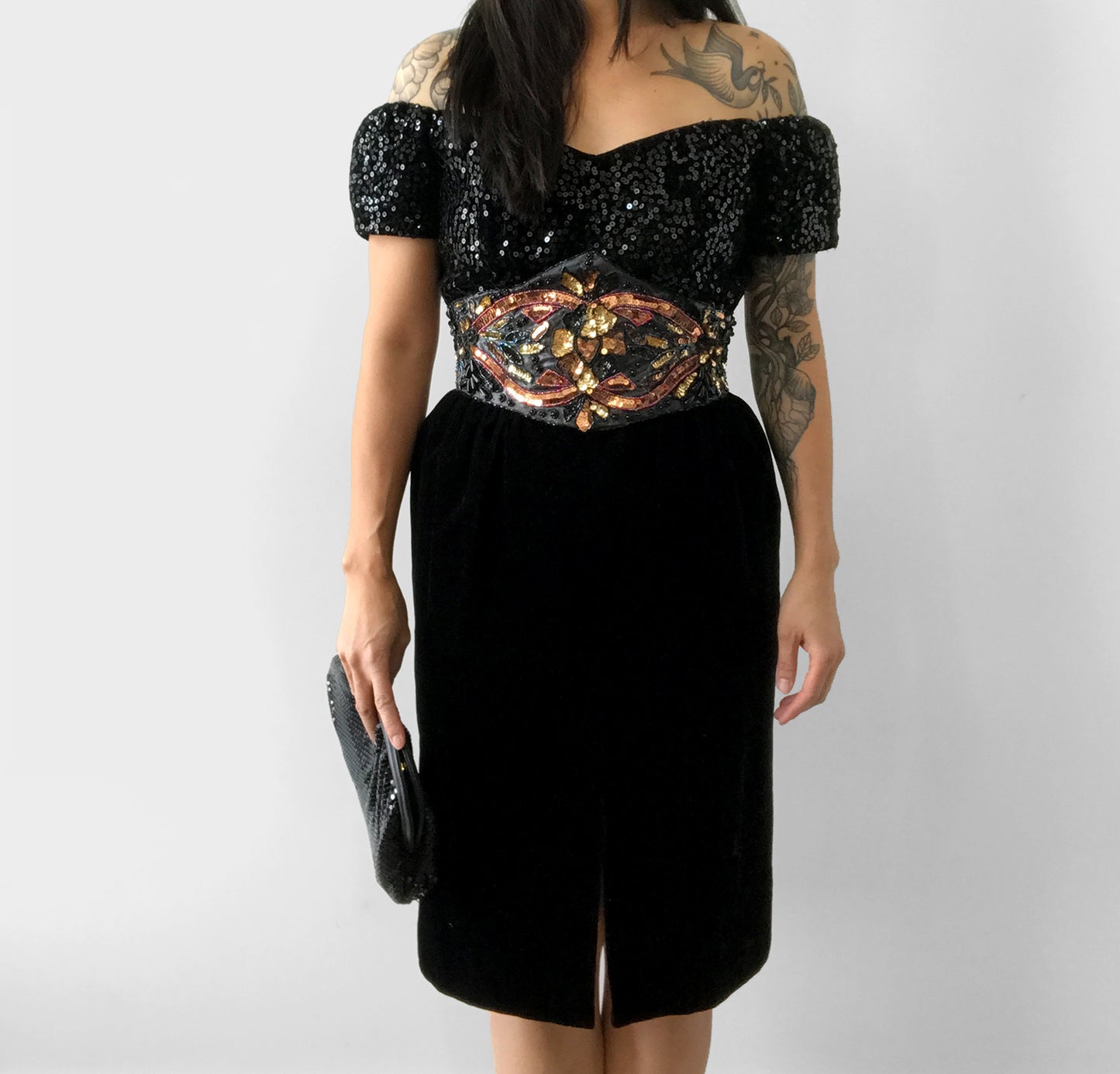 1980s Sequins Black Velvet Beaded Dress