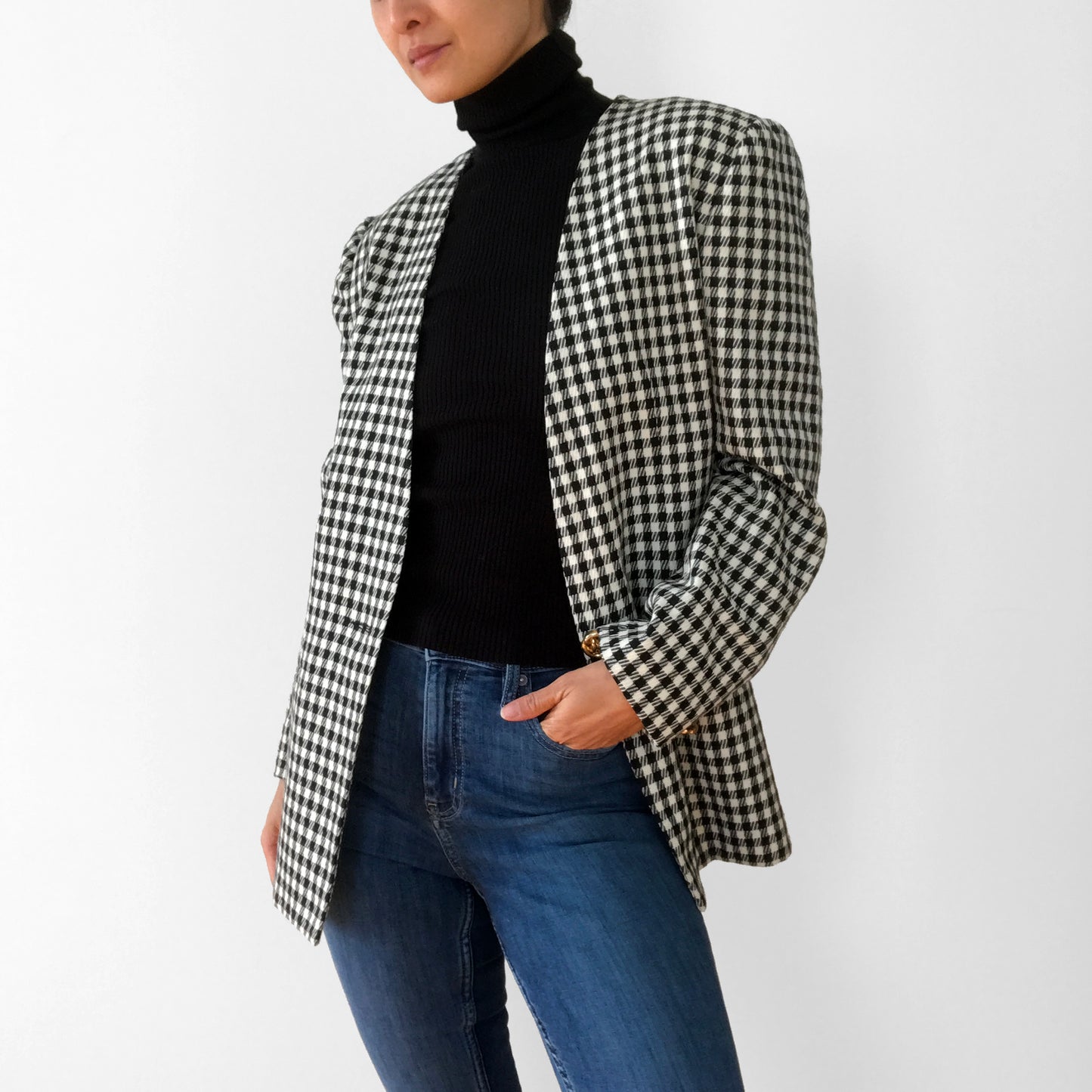 1990s Black and White Gingham Gold Button Collarless Wool Jacket Blazer