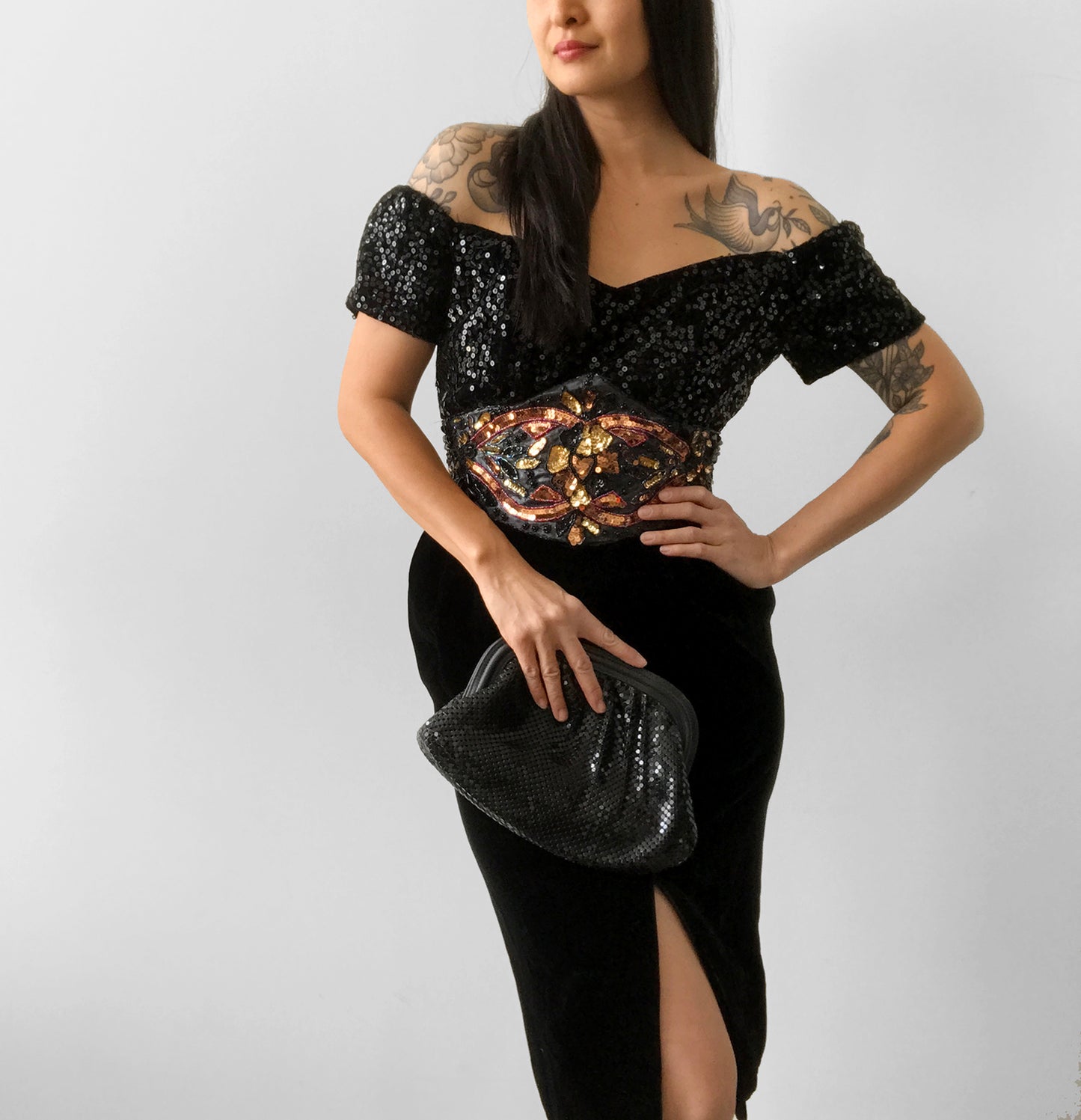 1980s Sequins Black Velvet Beaded Dress