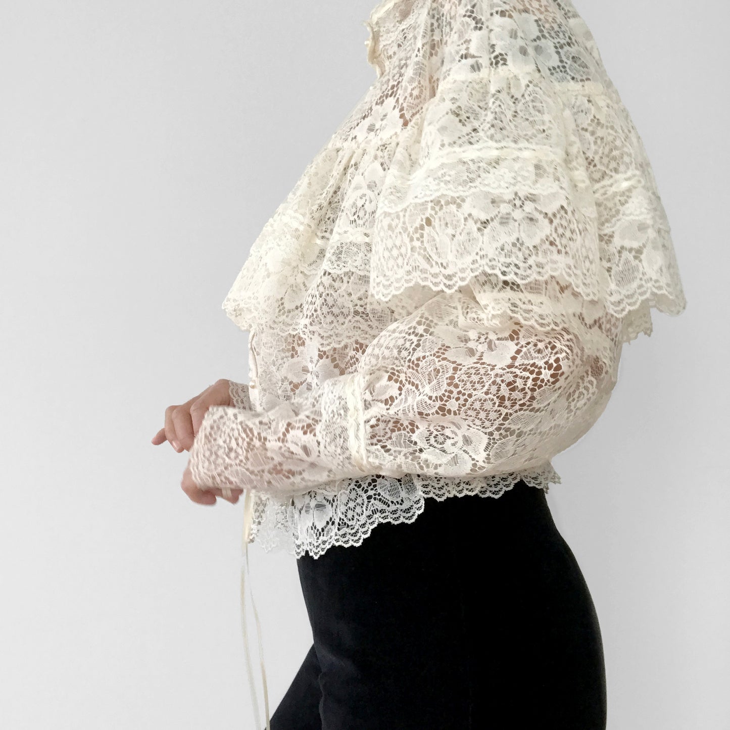 1980s Cream Lace Ruffle Cinched Waist Button Front High-Neck Blouse