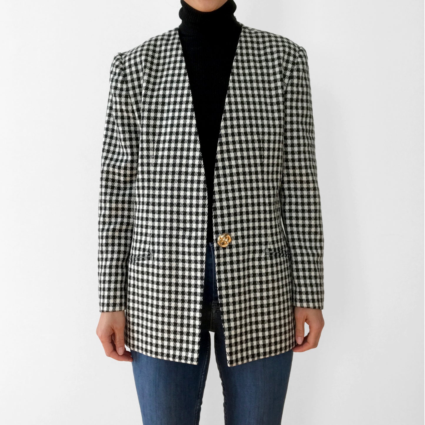 1990s Black and White Gingham Gold Button Collarless Wool Jacket Blazer