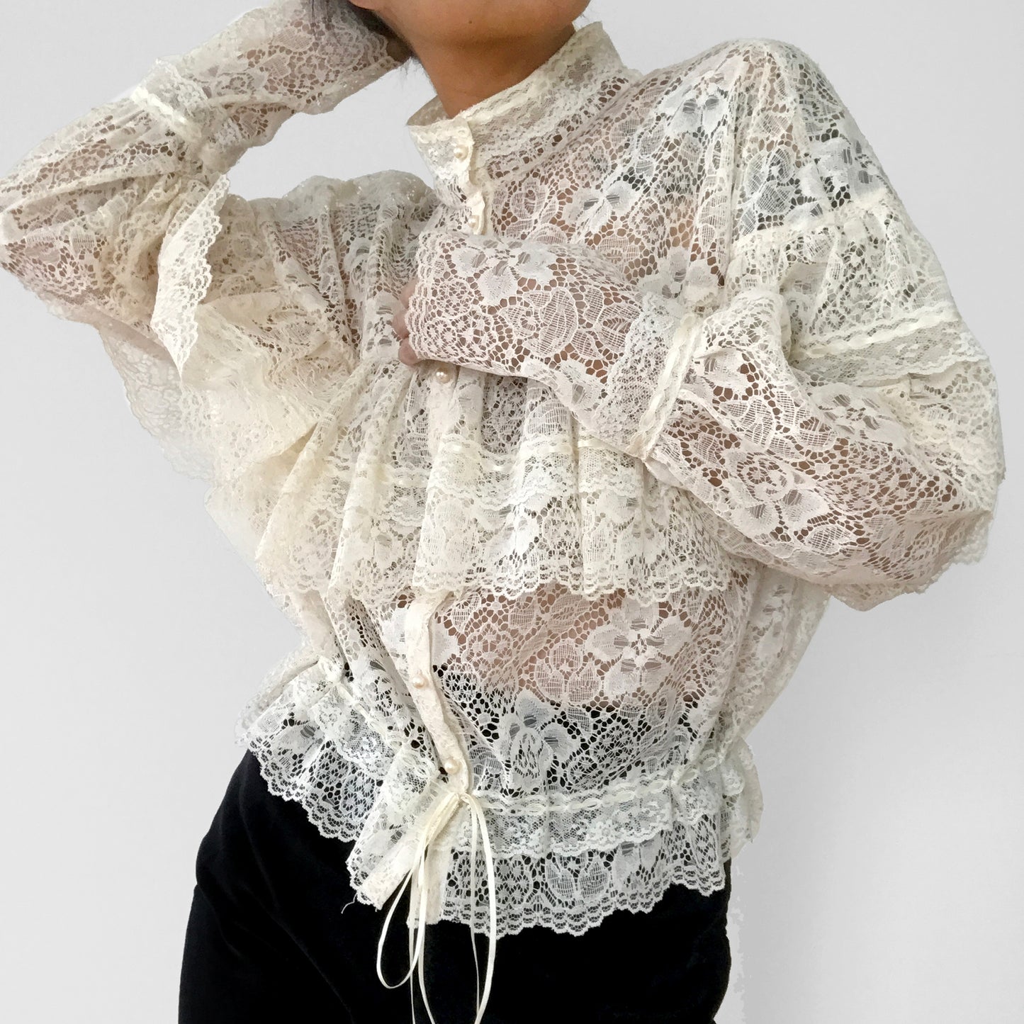 1980s Cream Lace Ruffle Cinched Waist Button Front High-Neck Blouse