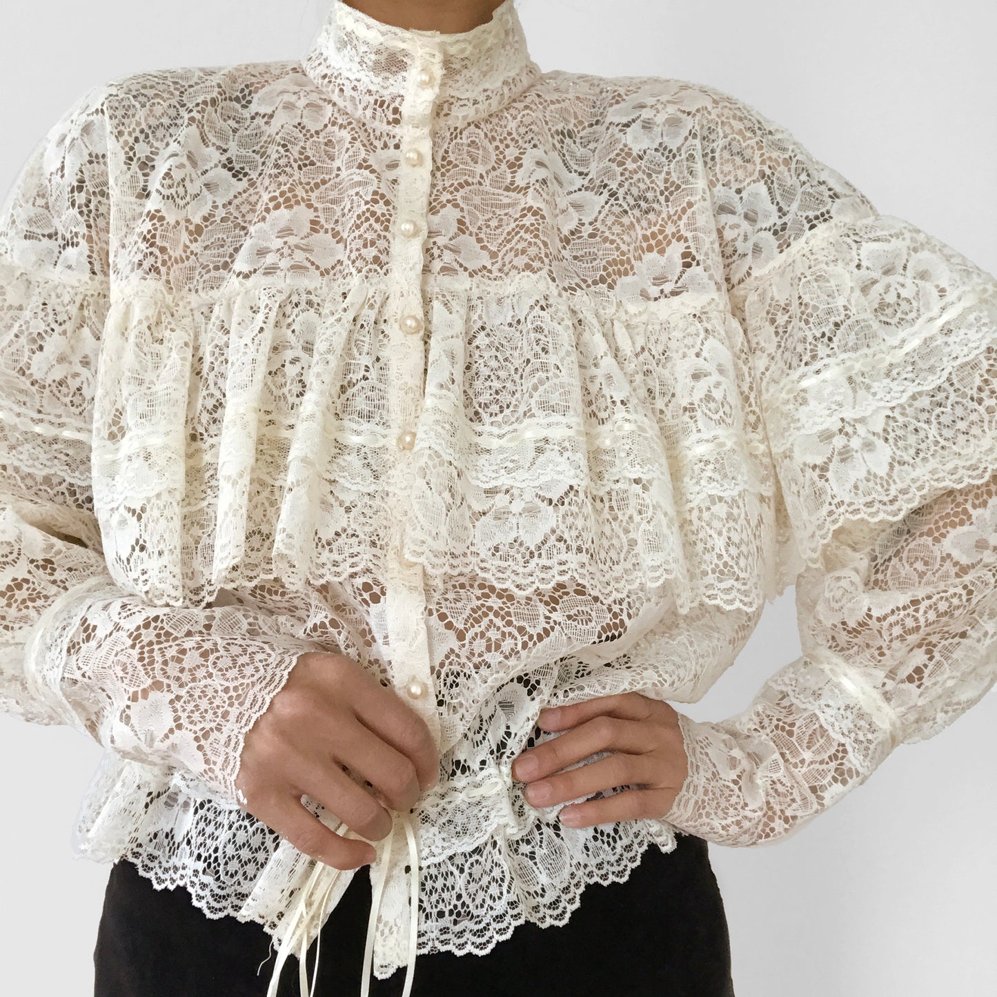 1980s Cream Lace Ruffle Cinched Waist Button Front High-Neck Blouse