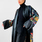 1970s Black Satin Scenic Village Patterned Tassel Belted Duster Robe