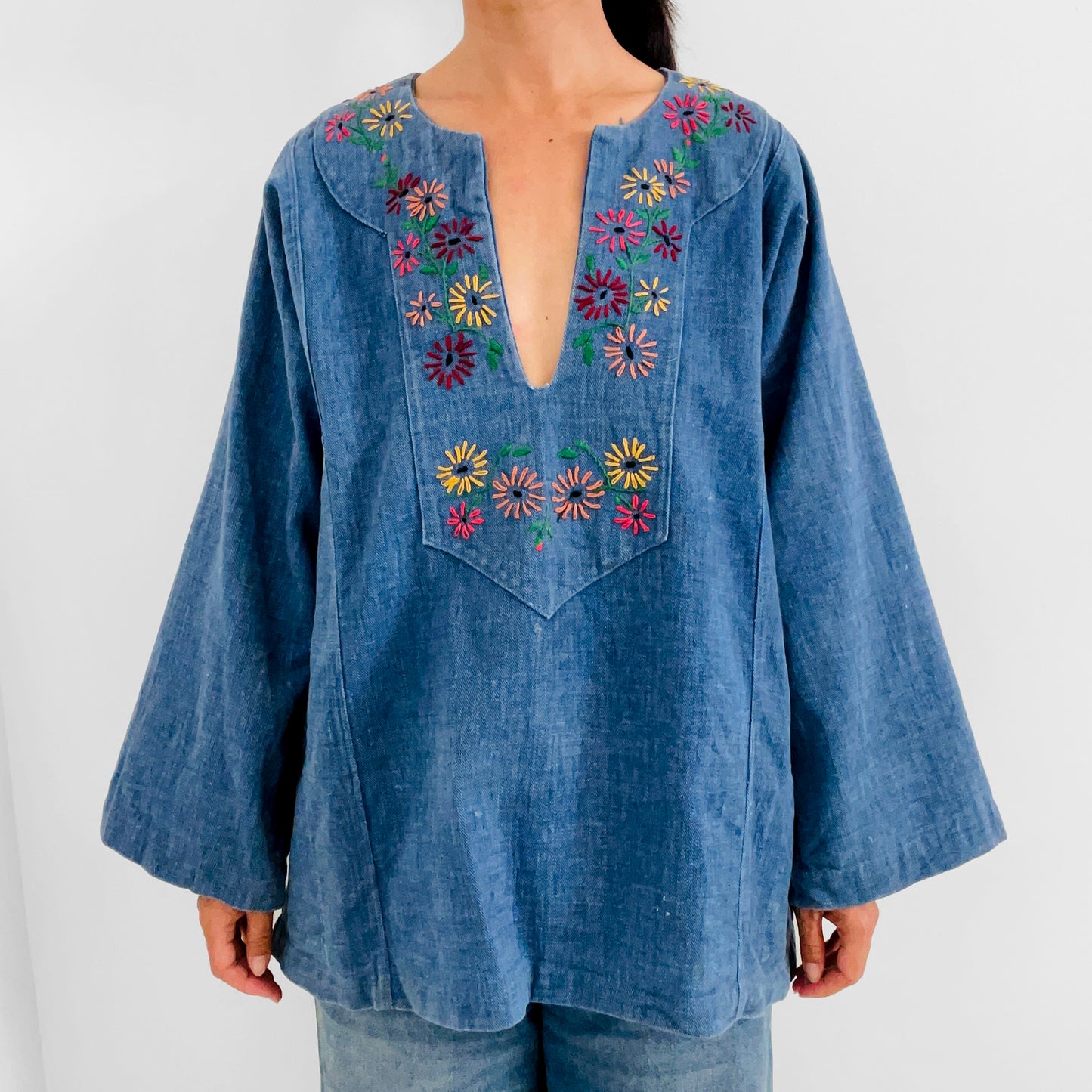 1970s Floral Embroidered Denim Jean Pullover Tunic