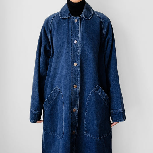 1980s Dark Wash Denim Button Front Long Duster Coat - S/M/L