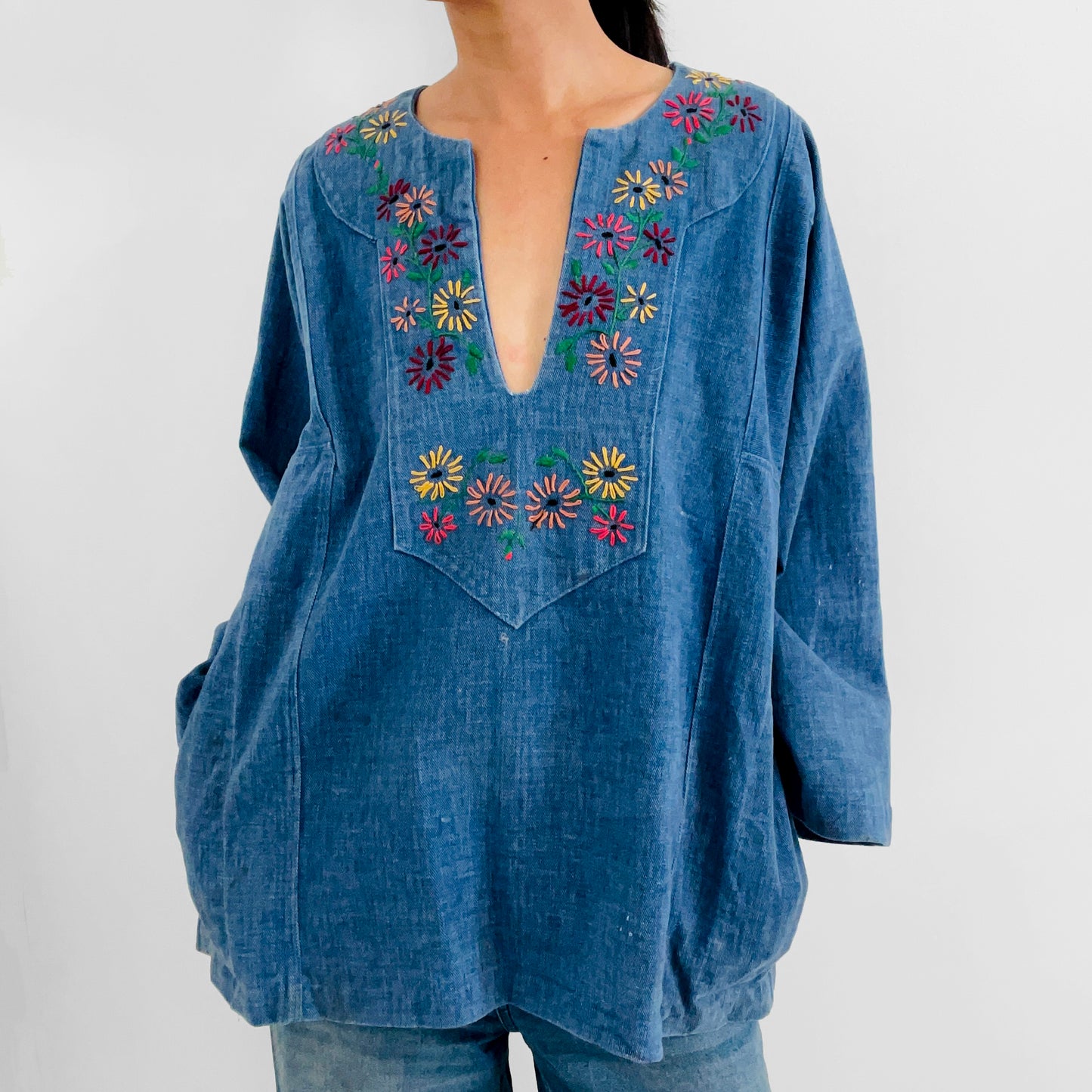 1970s Floral Embroidered Denim Jean Pullover Tunic