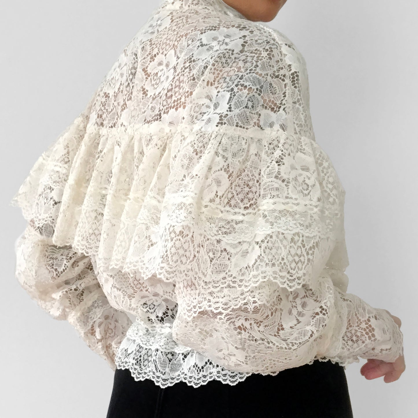 1980s Cream Lace Ruffle Cinched Waist Button Front High-Neck Blouse