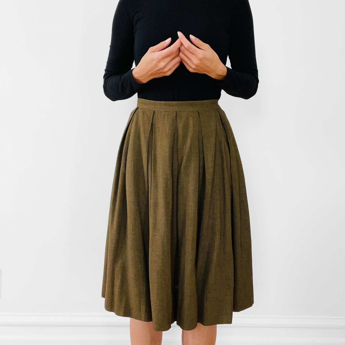 1990s Olive Green Inverted-Pleat Fit and Flare Skirt