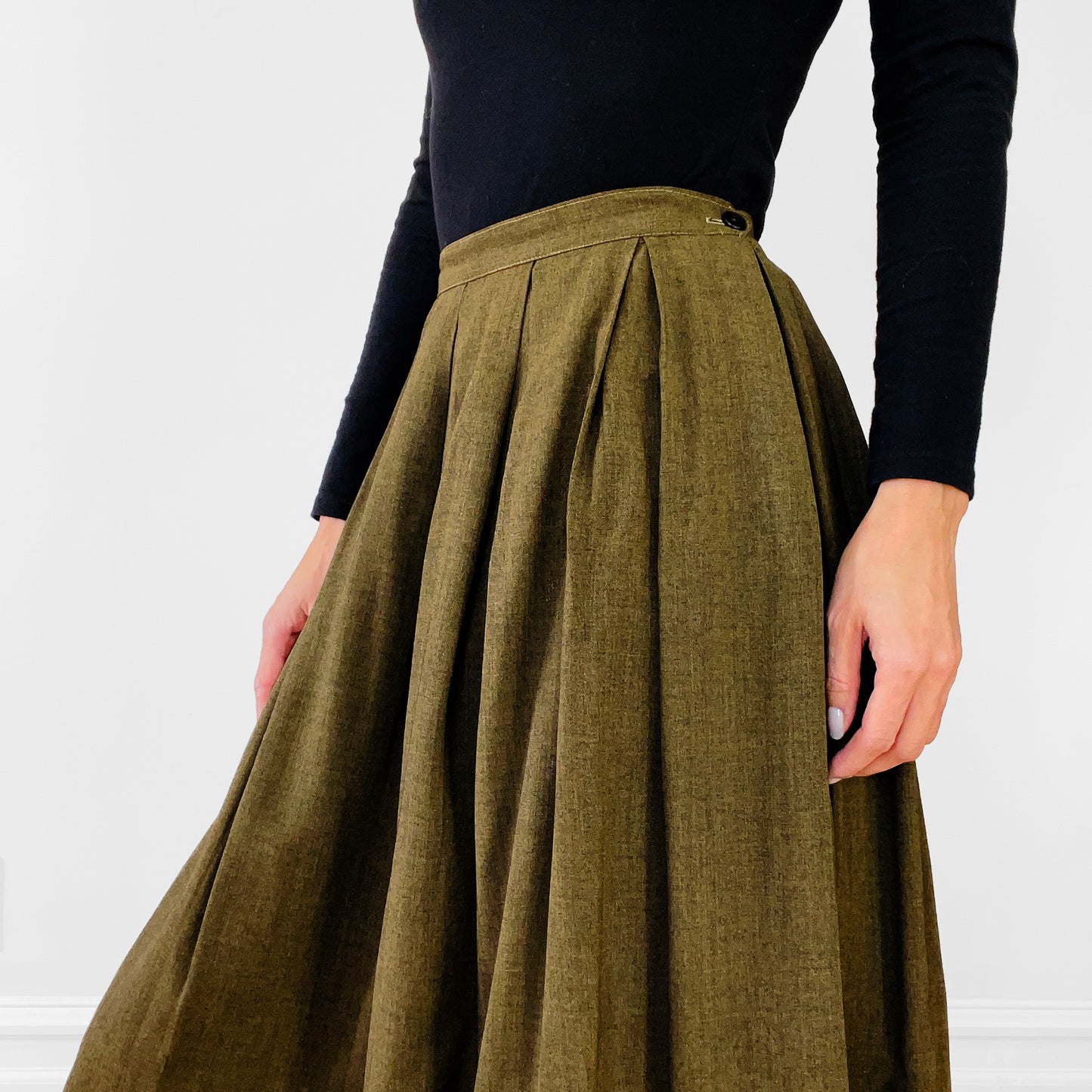 1990s Olive Green Inverted-Pleat Fit and Flare Skirt