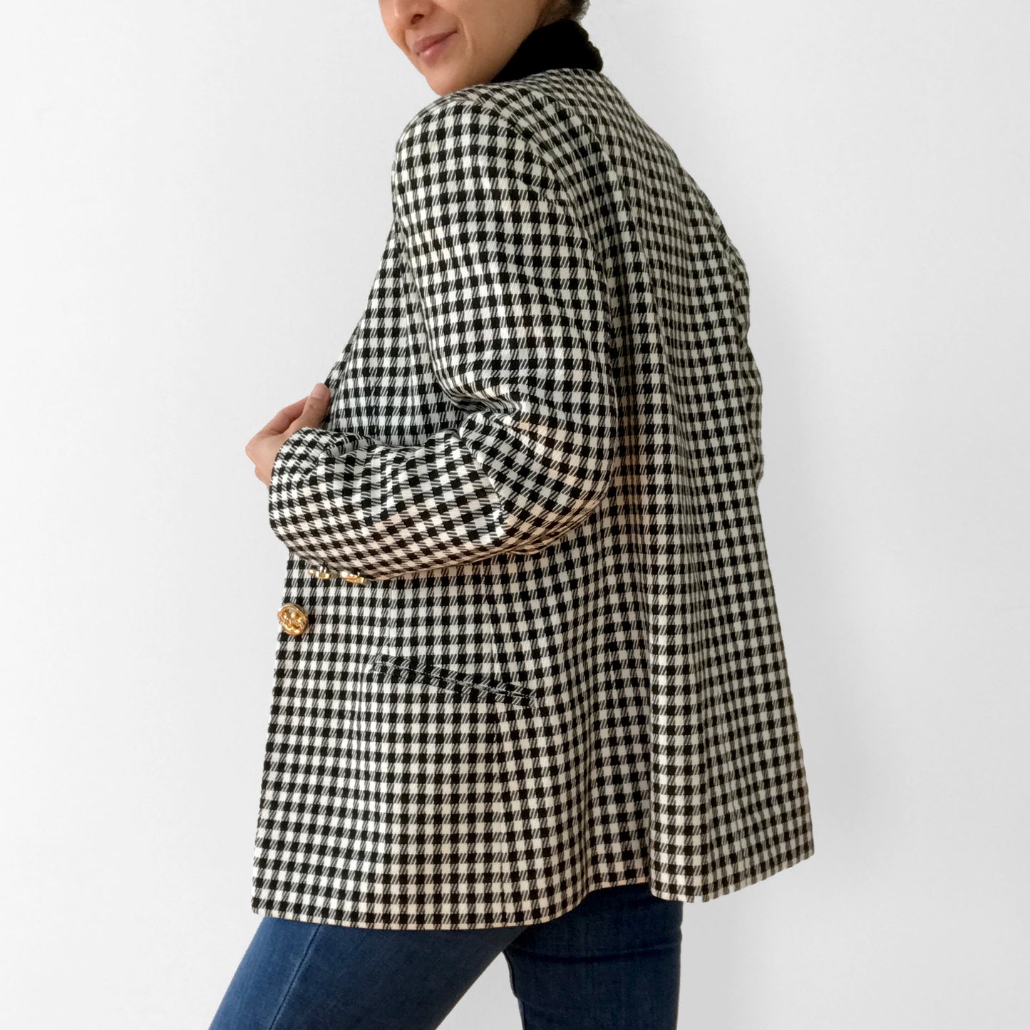 1990s Black and White Gingham Gold Button Collarless Wool Jacket Blazer