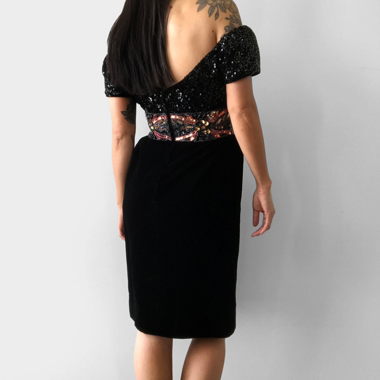 1980s Sequins Black Velvet Beaded Dress