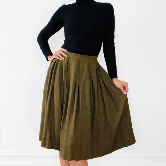 1990s Olive Green Inverted-Pleat Fit and Flare Skirt