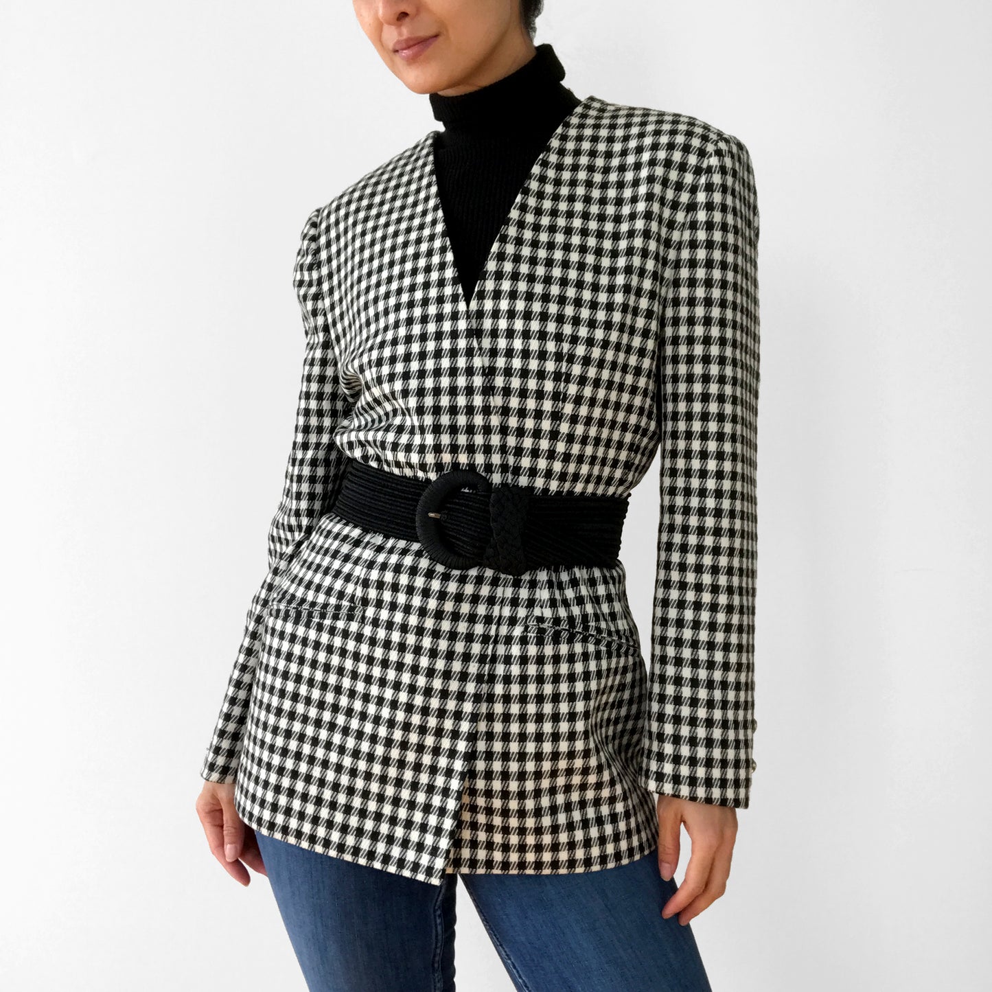 1990s Black and White Gingham Gold Button Collarless Wool Jacket Blazer