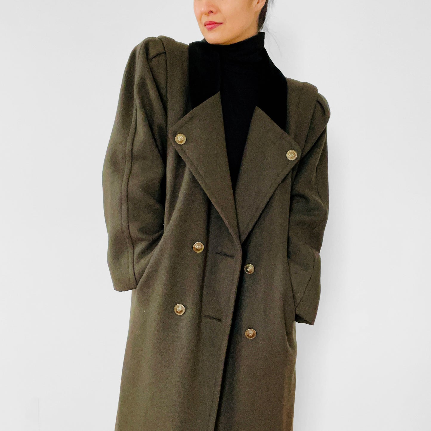 1980s Olive Green Wool-Blended Double-Breasted Military Style Overcoat