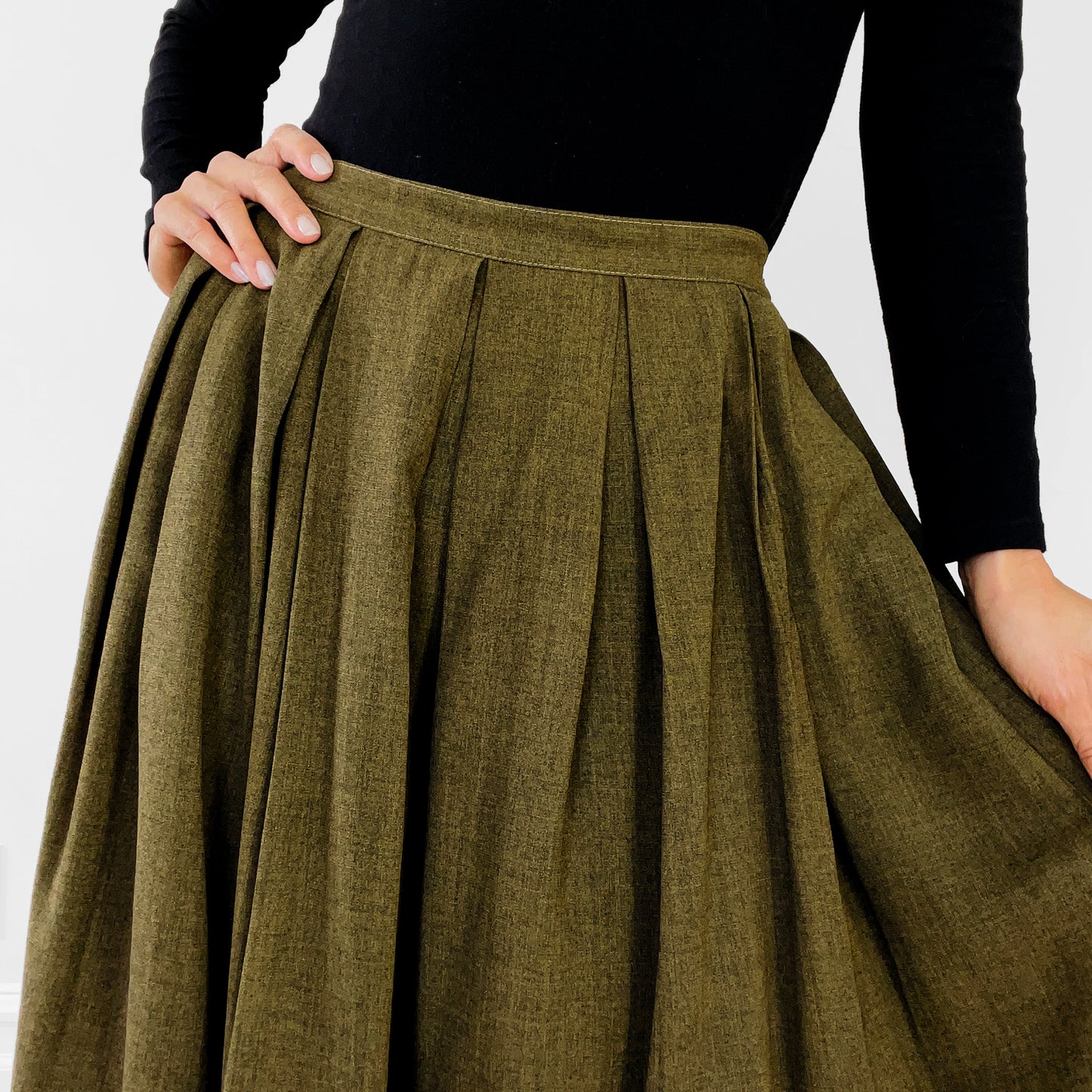 1990s Olive Green Inverted-Pleat Fit and Flare Skirt