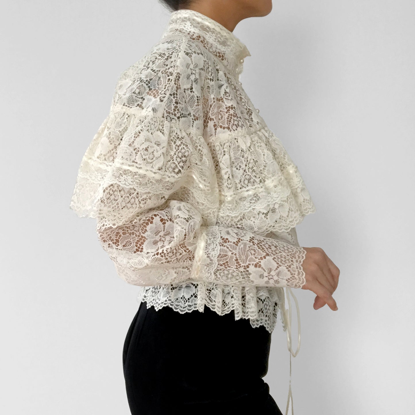 1980s Cream Lace Ruffle Cinched Waist Button Front High-Neck Blouse