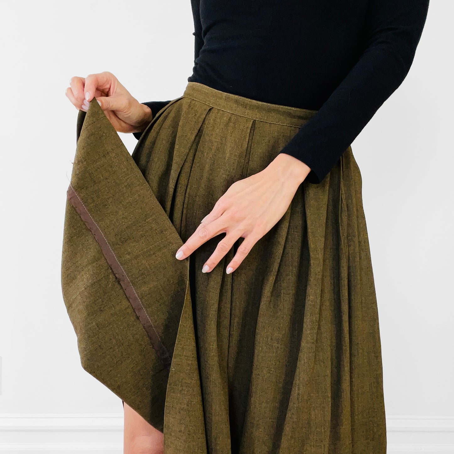 1990s Olive Green Inverted-Pleat Fit and Flare Skirt