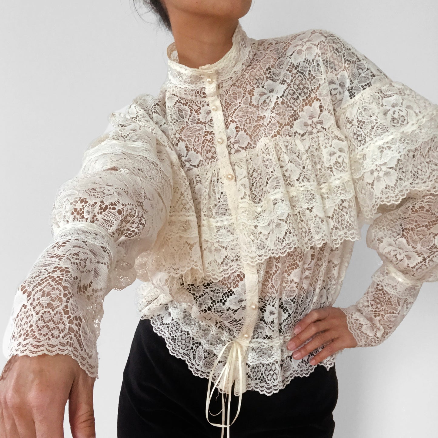 1980s Cream Lace Ruffle Cinched Waist Button Front High-Neck Blouse