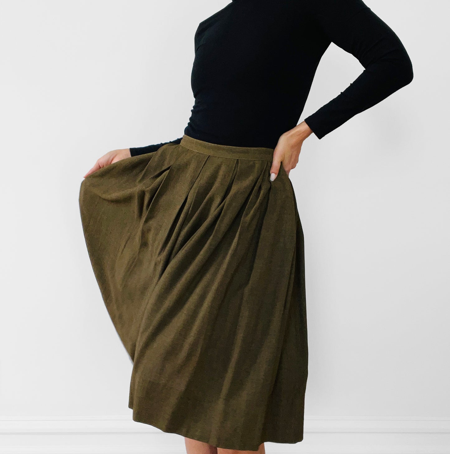 1990s Olive Green Inverted-Pleat Fit and Flare Skirt