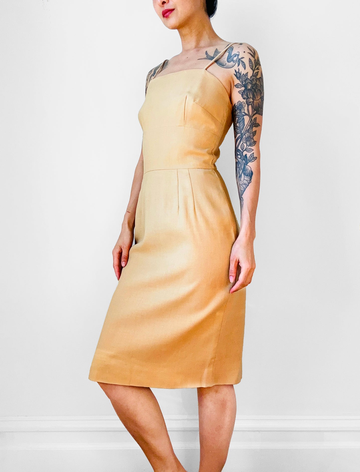 1960s Butterscotch Tailored Form Fitting Wool Linen Blend Dress - XS/S