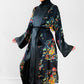 1970s Black Satin Scenic Village Patterned Tassel Belted Duster Robe