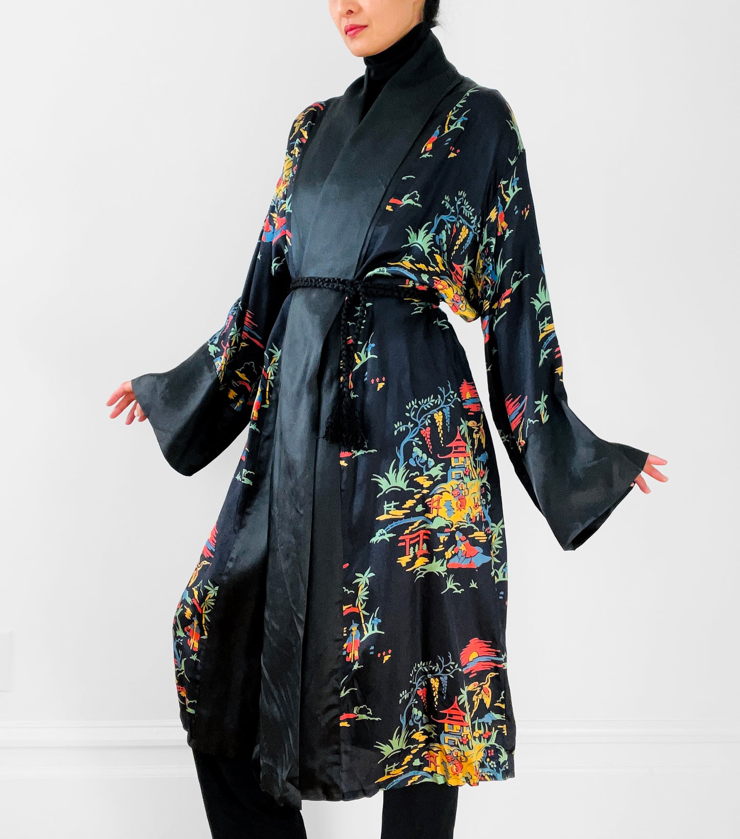 1970s Black Satin Scenic Village Patterned Tassel Belted Duster Robe