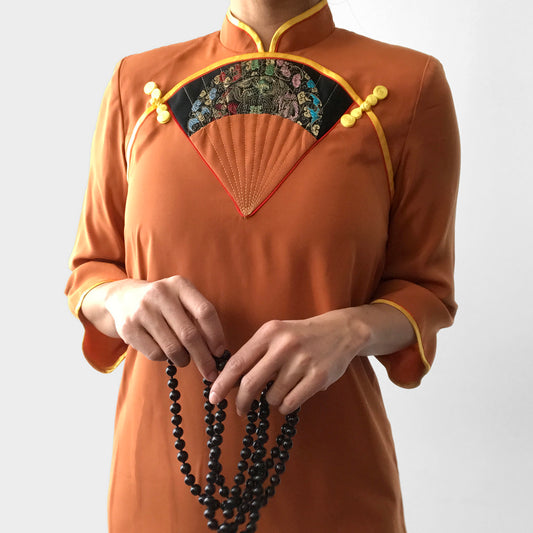 1960s Burnt Orange and Black Fan Detail Knee-Length Cheongsam Dress