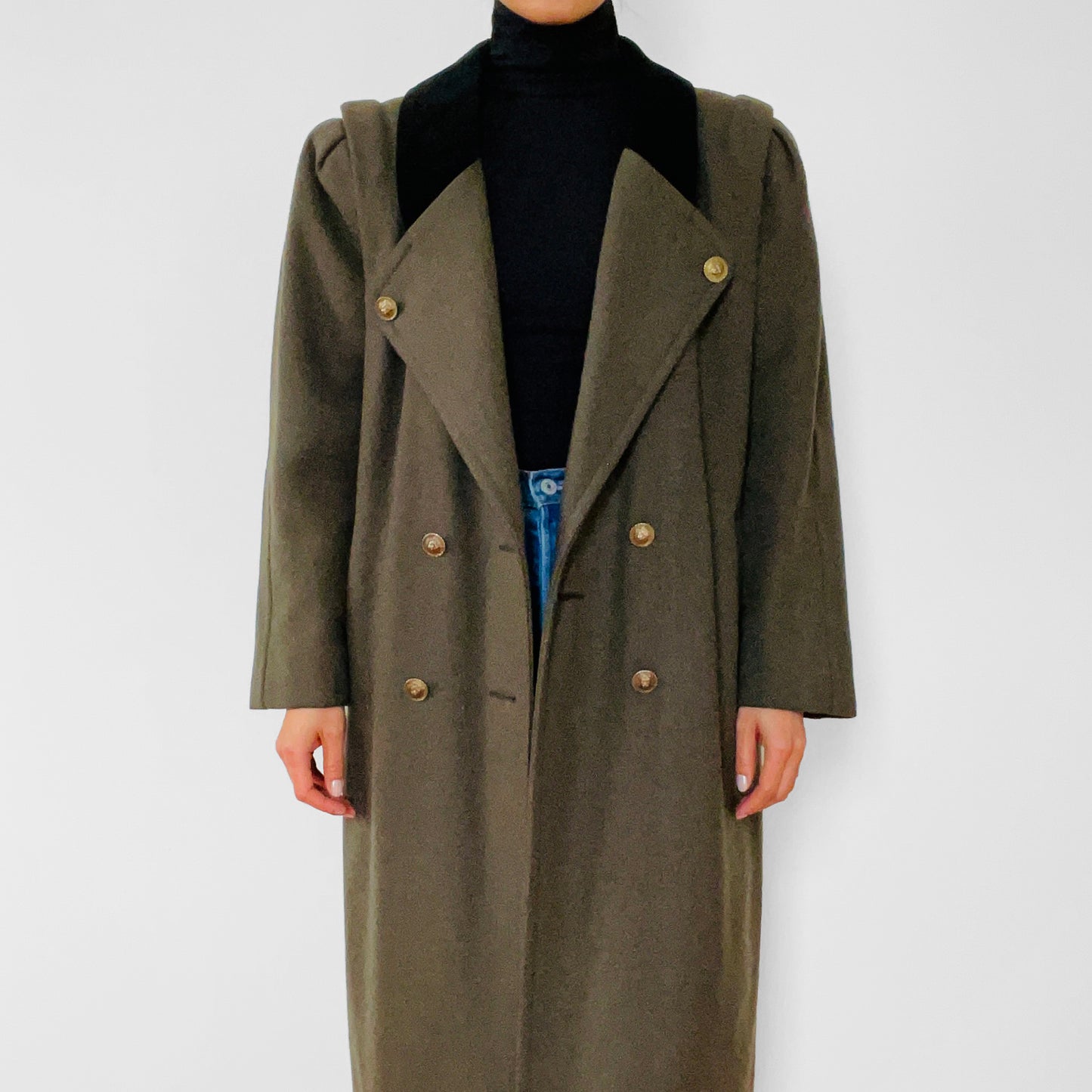 1980s Olive Green Wool-Blended Double-Breasted Military Style Overcoat